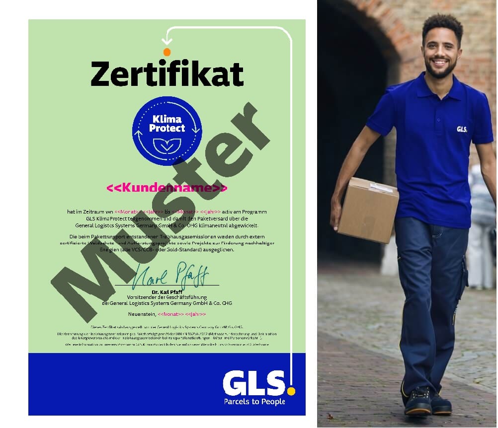 Ein GLS Mitarbeiter, der das GLS Klima Protect Zertifikat hat, trägt ein Paket unter dem Arm
