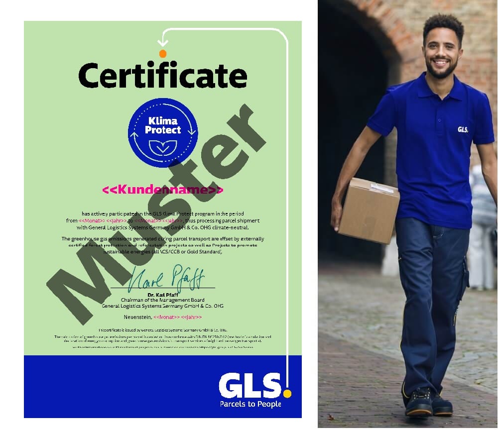 A GLS employee, who has the GLS Klima Protect certificate, carries a package under his arm