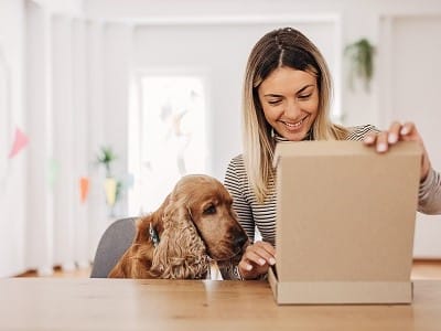 A woman sits at the dining table and joyfully opens a package. Next to her sits a cocker spaniel 