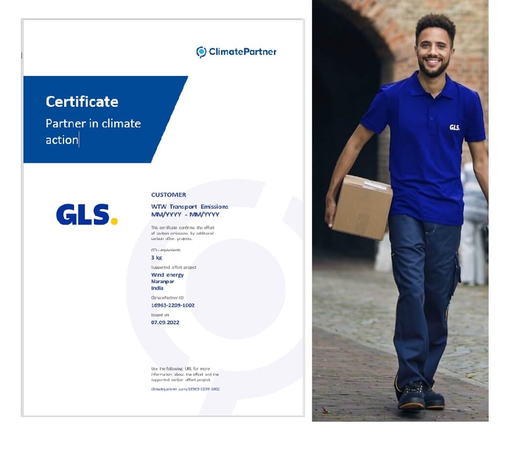 A GLS employee, who has the GLS Klima Protect certificate, carries a package under his arm